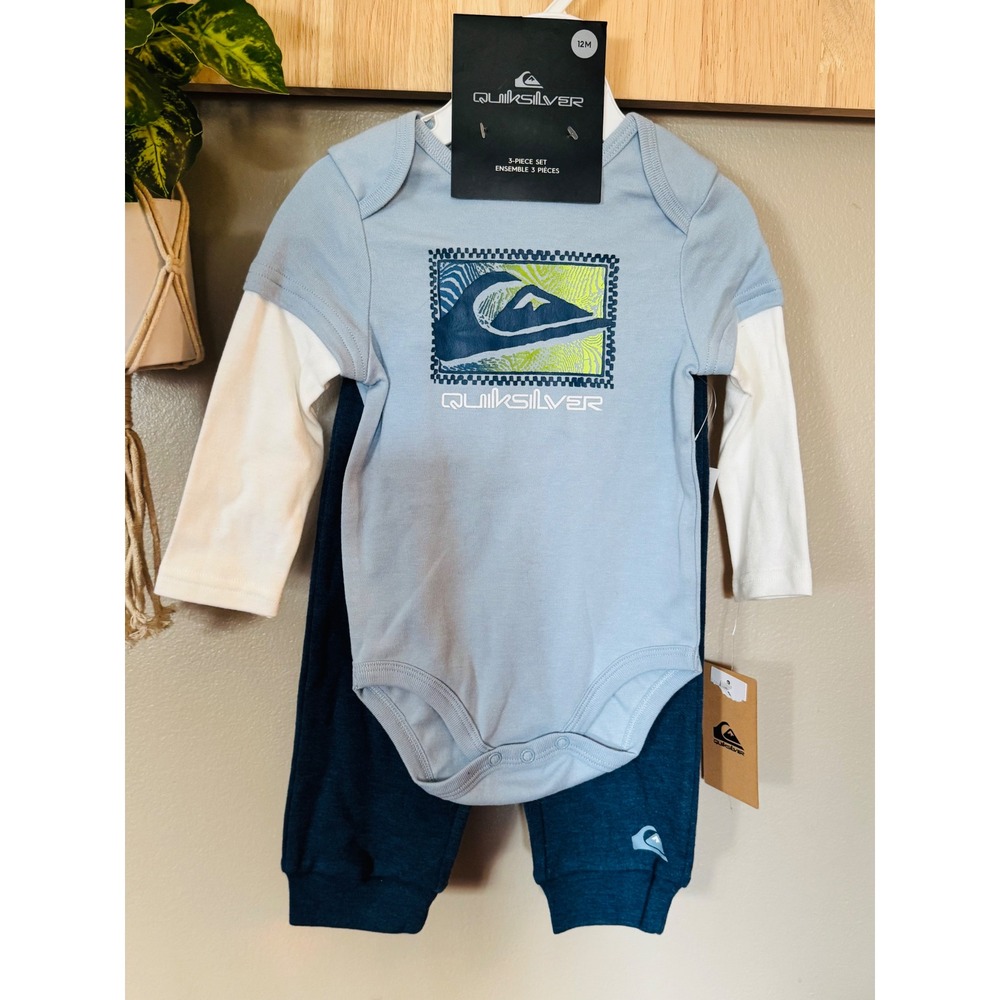 Quiksilver Baby Boys 3-Piece Bodysuit Joggers and Beanie Set Blue 12M NWT